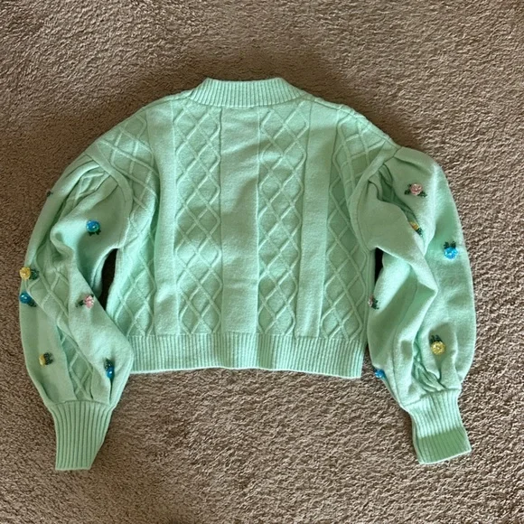 For Love and Lemons Mint Green Beaded Floral Sutton Cardigan Sweater Small - Picture 6 of 6